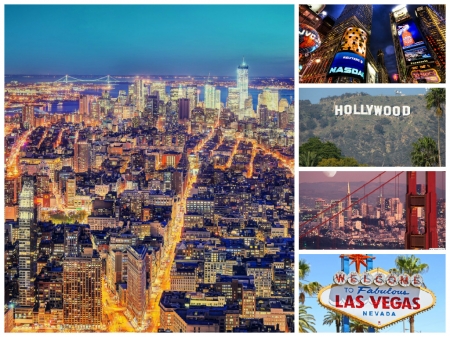 American Cities - America, USA, photography, collage, cityscape, Hollywood, San Francisco, Las Vegas, New York