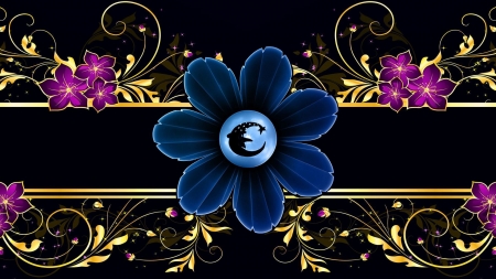 FLORAL PeterTheMoon Ornement - moon, bananamoon, vector, blue, photoshop, golden, flowers, gold