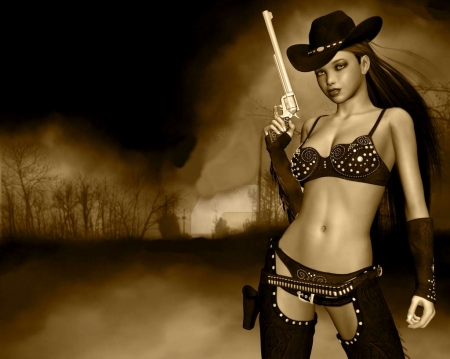 Cowgirl With A Big Gun - girls, gun, women, style, fun, models, female, cowgirls, boots, hats, western, art, pistol, anime