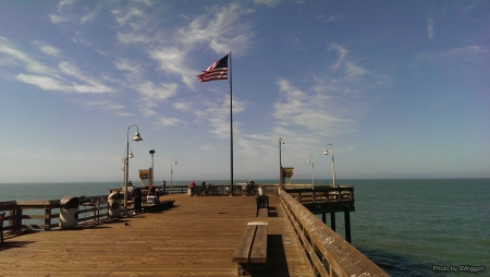 Old Glory on the Ventura Pier - sky, ocean, california, water, united staes, ventura, pier, flag, old glory