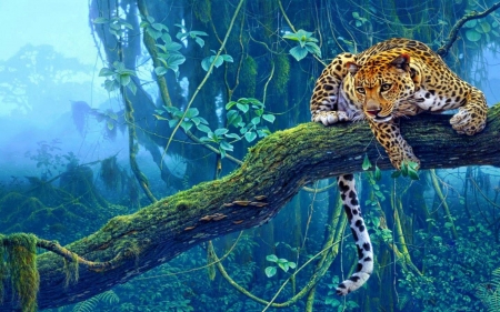 on the lookout - cat, leopard, branch, jungle