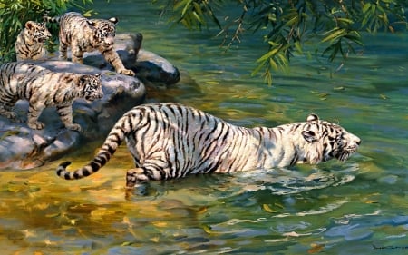 bathing white tigers - water, leaf, tiger, cat