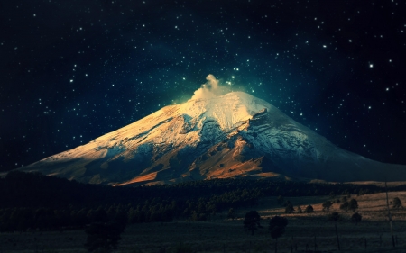 Star Mountain - nature, stars, trees, mountain, nighttime