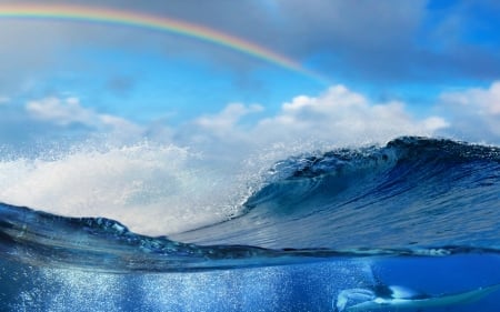 Wave and rainbow - rainbow, ocean, blue, water, summer, sea