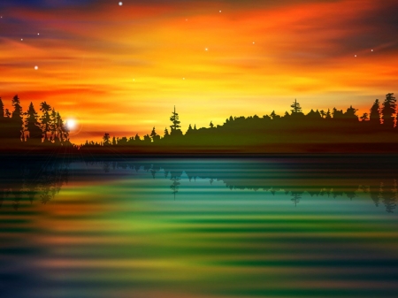 Lake Sunset - lake, reflection, evening, trees, sunset, nature, stars