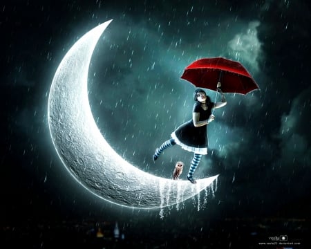 Living in the moon world - rain, black, girl, umbrella, luna, fantasy, water drops, light, red, bird, veelu21, dark, owl, blue, art, moon, ice, luminos, green