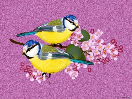 TWO BIRDS ON LILACS - creation, art, two, birds