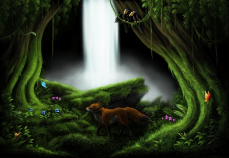 Enchanted Waterfall - flowers, trees, snake, fox, raven, snail