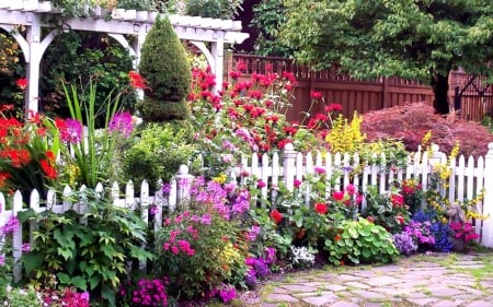 Flower Garden - blossoms, plants, colors, fence