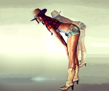 Cowgirl Reflection - girls, women, style, fun, models, female, fashion, cowgirls, boots, hats, western, art, 3d, anime