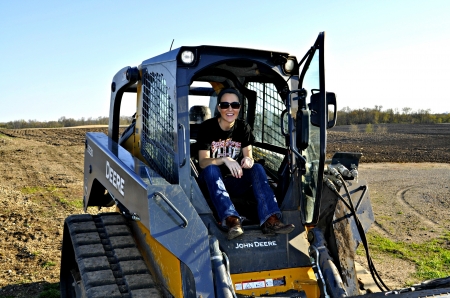 Cowgirl In A Deere - girls, women, style, fun, models, tractors, female, cowgirls, boots, hats, western, brunettes, ranch