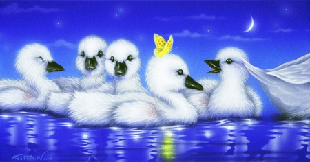 Enjoy Ducklings - animals, summer, lovely, lakes, ducks, duckling, love four seasons, family, paintings, butterfly designs, cute