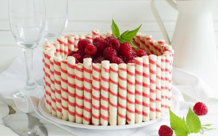 Fruit Cake - candy, sweet sticks, cake, raspberries