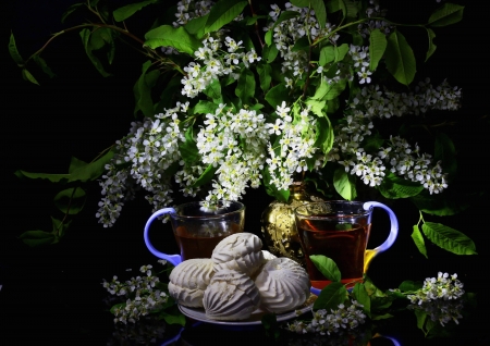 Still Life - cake, flowers, wine, vase