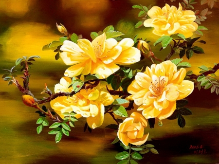 Flowering branches - branches, blossoms, yellow, summer, beautiful, spring, freshness, petals, tree, flowers, painting, art