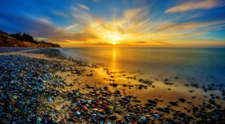 Sea sunset - sands, beach, sky, ocean, summer, sunset, coast, glow, amazing, reflection, beautiful, stones, sea