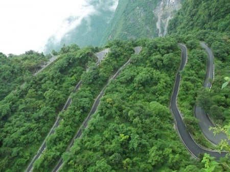 Gorgeous mountain road - mountains, trees, road, green