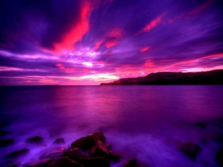 Blue Beach - nature, sky, beach, reflection, clouds, sunset, rocks