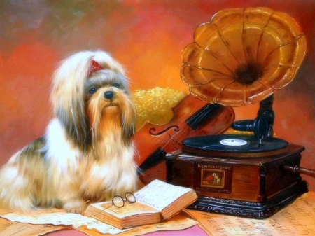 Dog and Music - love four seasons, glasses, animals, draw and paint, music, dogs, paintings, book