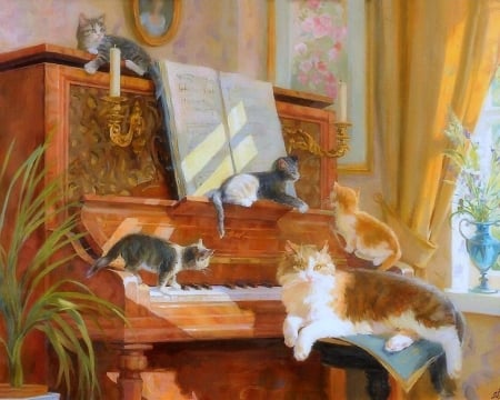 Musicians - piano, musicians, paintings, music, kittens, cats, love four seasons, draw and paint, animals