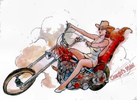 Cowgirls Ride! - girls, women, style, fun, models, female, fashion, cowgirls, hats, motorcycle, sketch, western, painting, art