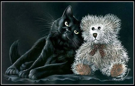 Buddies - bear, teddybear, digital, artwork, cat