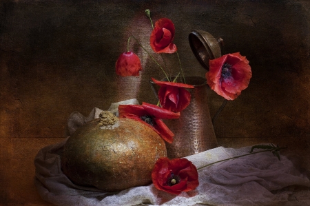 Still Life - flowers, vase, poppies, pumpkin