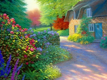 Cottage lane - cottage, freshness, trees, peaceful, countryside, summer, path, spring, painting, art, beautiful, house, flowers, lane