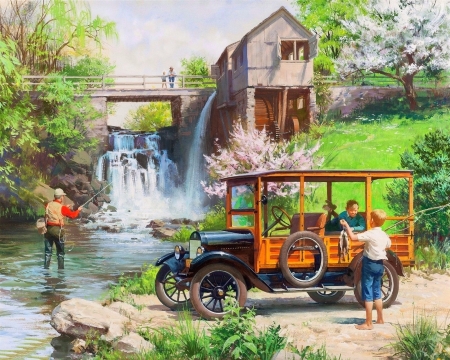 Star Wagon - 1923 - Star Wagon, cars, people, attractions in dreams, old car, 1923, fishing, American retro car, retro, love four seasons, draw and paint