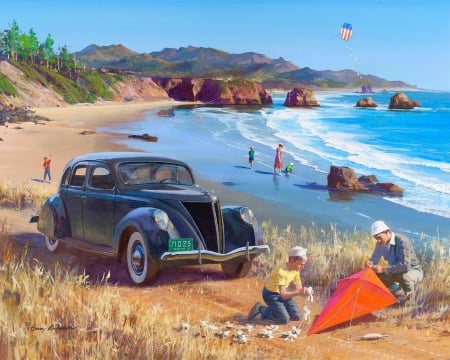 Launch a Kite on the Beach - beaches, attractions in dreams, old car, people, draw and paint, kite, cars, love four seasons, american retro car, retro