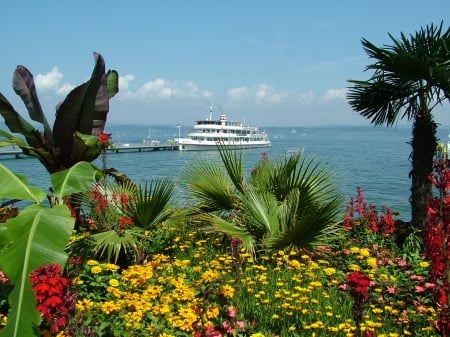 Island of Mainau, Germany - lake, landscape, flowers, ship, palms, pier