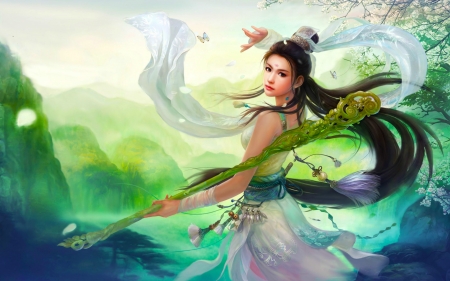 Asian Beauty Art - fighter, female, warrior, beautiful, girl, veils, beauty, cg, fantasy, green, digital, woman, art, asian