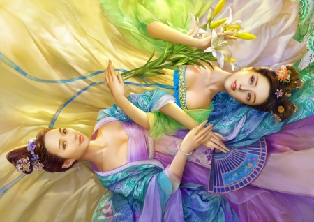 Yin and Yang - women, beautiful, serene, girl, beauty, fan, lovely, flowers, girls, cg, fantasy, digital, woman, twin, art, asian