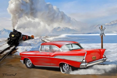 Fast Moving Train - train, street rod, chevy, art