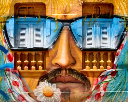 Graffiti - summer, blue, daisy, flower, orange, man, red, green, graffiti, face, wall, sunglasses