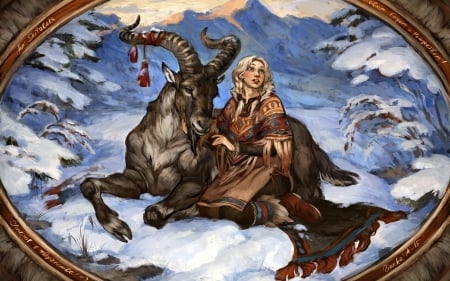 Goat Year (2015) - animal, winter, year, girl, blue, art, white, chinese zodiac, fantasy, woman, goat, horns