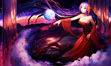 Let be night - moon, anime, original, girl, pink, manga, yandywu, red, cloud, luna