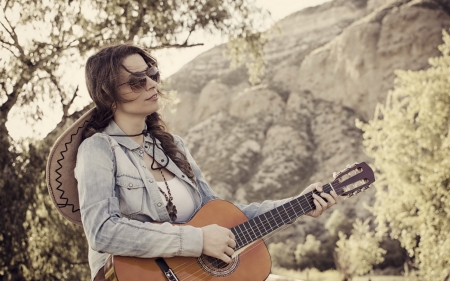 Her sound - woman, girl, guitar, hat, cowgirl, instrument, sunglasses, model