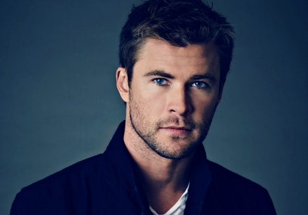 Chris Hemsworth - black, handsome, actor, Chris Hemsworth, blond, man, blue eyes