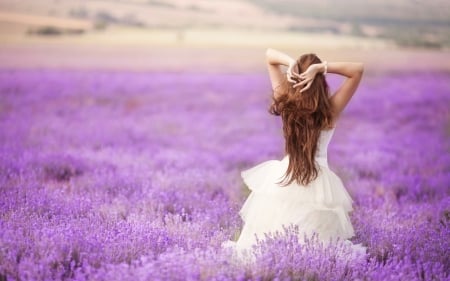 Lavender Girl - field, girl, back, dress