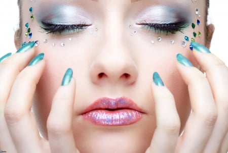 Make up woman - painted nails, close eyes, make up, gloss lips