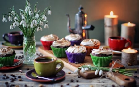 Dessert - candle, snowdrops, cupcakes, coffee