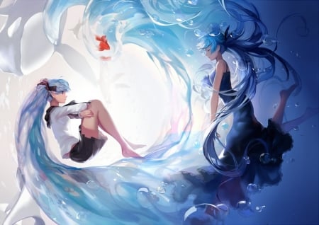 Hatsune Miku ~ Summer fantasy - anime, vocaloid, water, summer, blue, dress, girl, sea, hatsune miku, ocean, manga, underwater, yomi yasou, wave