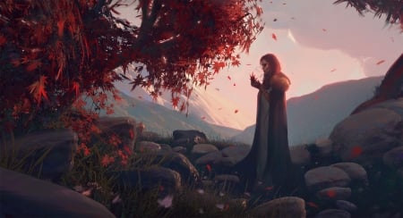 Pensive redhead - woman, autumn, girl, leaf, fantasy, art, game, red, tree