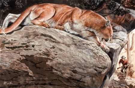 Hunting - stone, puma, mountain lion, fantasy, painting, art, cowboy, man, mort kunstler, animal, orange, rock, hunt