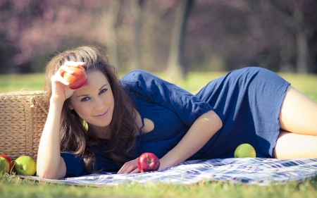 Girl on Picnic - girl, relax, basket, fruits