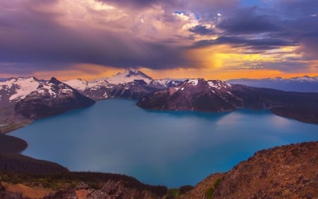 Lake Sunset - lake, scenic, winter, mountains, sunset, nature, reflection, clouds, snow