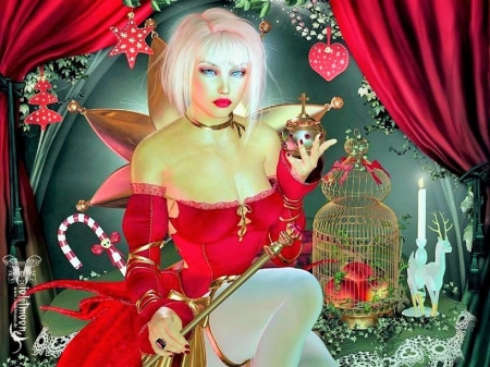 A Magical Christmas - tinsel, magic, pink hair, wings, fantasy, christmas, cage, gorgeous, red, beautiful, digital art, gifts