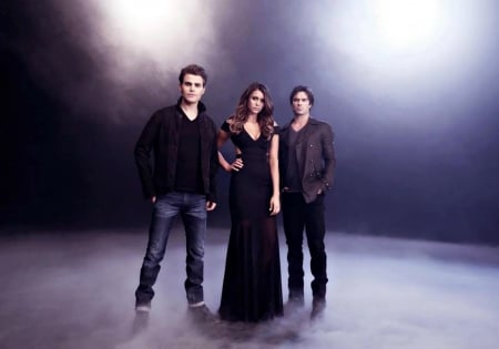 The Vampire Diaries (2009 - ) - actor, Nina Dobrev, tv series, girl, man, actress, stefan, black, purple, the vampire diaries, woman, elena, Ian Somerhalder, Paul Wesley, damon