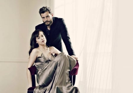 Jamie Dornan and Dakota Johnson - actor, Dakota Johnson, dress, girl, Jamie Dornan, fifty shades of grey, man, actress, black, white, silver, woman, movie, couple